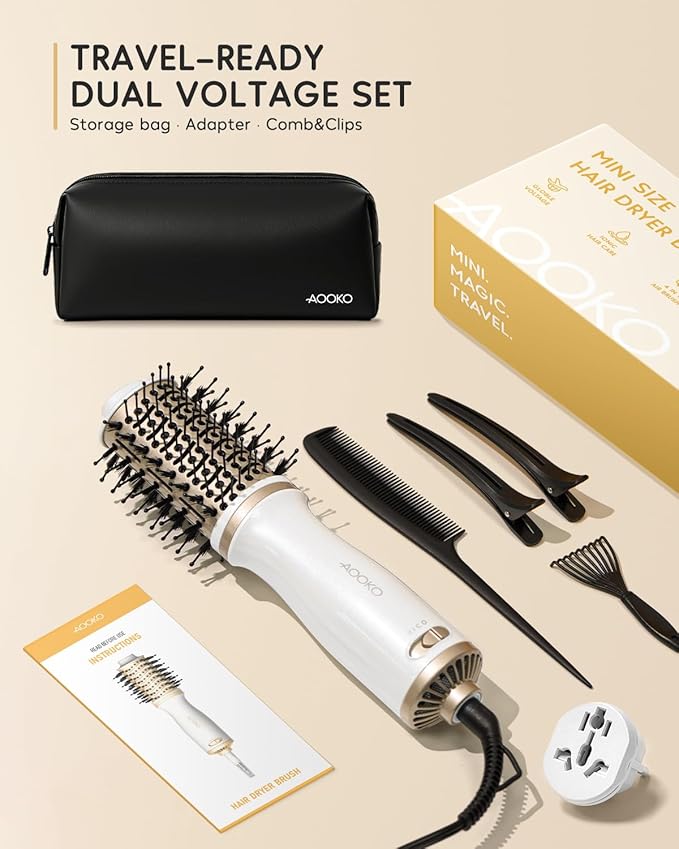 Dual Voltage Mini Hair Dryer Brush, 4 in 1 Blow Dryer Brush for European Travel, 120-240V for International Travel