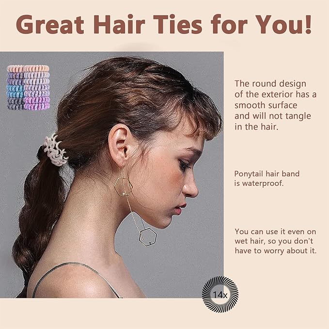 14 Pcs Women Ponytail Braid Hair Elastic No Crease Spiral Hair Ties, Girls Multi-color Waterproof Coil Hair Accessories (Medium Hair Ties)