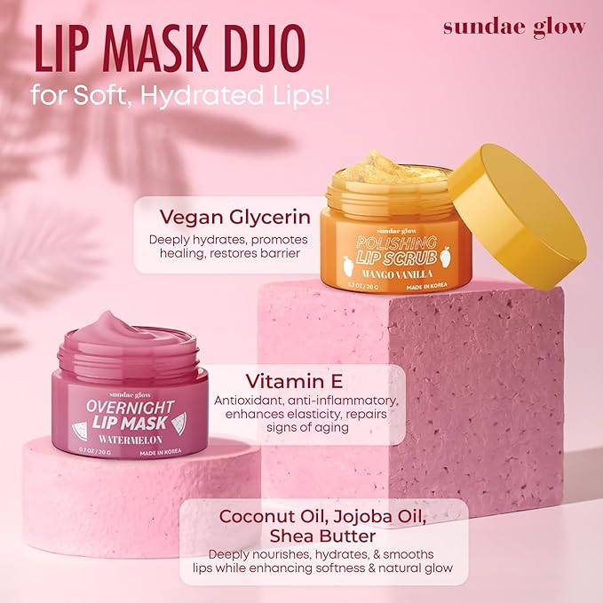 Lip Mask & Scrub – Watermelon, Mango & Vanilla – Hydrates, Exfoliates, Softens & Repairs Dry, Cracked Lips – Dermatologist Tested, Korean Skin Care – Vegan, Clean Beauty – Duo Pack