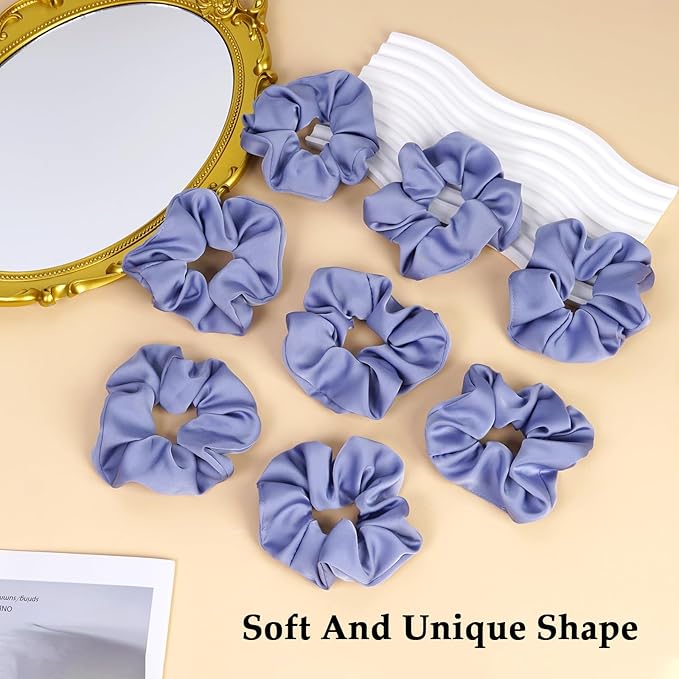 Satin Scrunchies for Women – 8PCS Blue Silk Hair Ties – No Crease, Frizz-Free, Gentle Elastic Hair Bands for Thick & Thin Hair, Soft & Stylish Hair Accessories Gifts