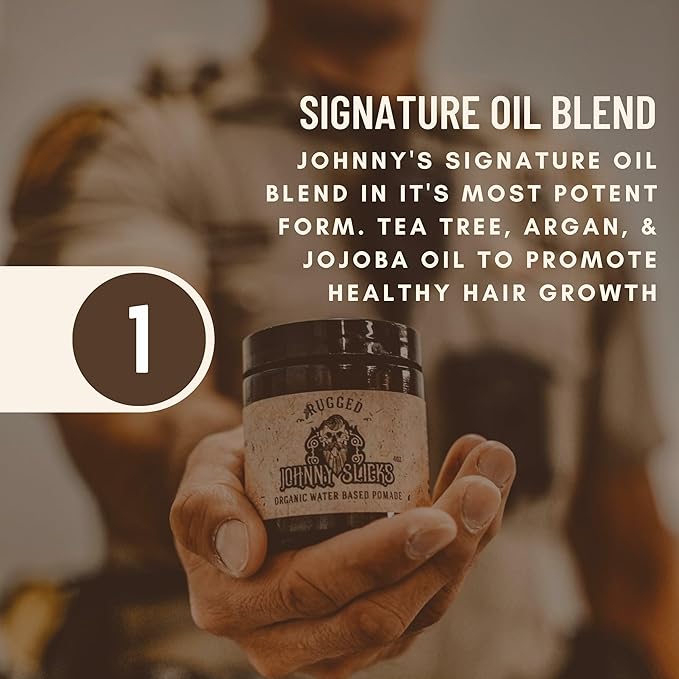 Johnny Slicks Water Based Pomade | Strong Hold, High Shine, All Organic Styling for Men | Promotes Healthy Hair Growth & Helps Hydrate Dry Skin (Rugged, 4 Ounce) US Made, Veteran Owned