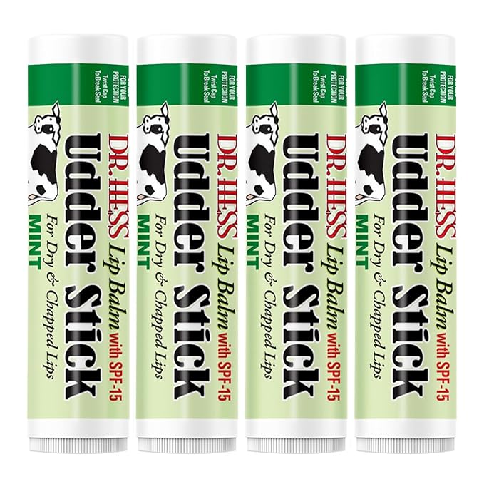 Dr. Hess Original Udder Stick SPF Lip Balm, Soothing Moisturizer Sun Screen Balm for Dry Lips with Jojoba, Beeswax & Shea Butter, Total Lip Care, Hydration & Repair, Mint Flavor, 4 Pack