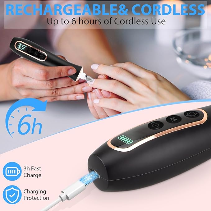 Professional Manicure Pedicure Kit, Cordless Electric Nail File Set, 360° LED Light Nail Drill Machine with LCD Display, 10 Speeds Rechargeable Nail Drill for Gel Nail Thick Toe Nails Christmas Gifts