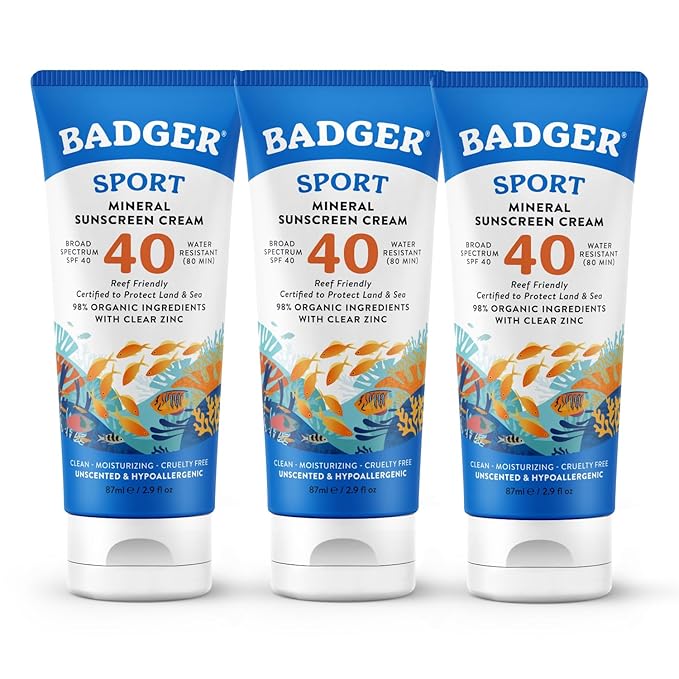 Badger Reef Safe Sunscreen, Unscented SPF 40 Sport Mineral Sunscreen, 98% Organic, Water Resistant Zinc, Approved for Hawaii & Mexico Reefs, 2.9 fl oz, 3-Pack
