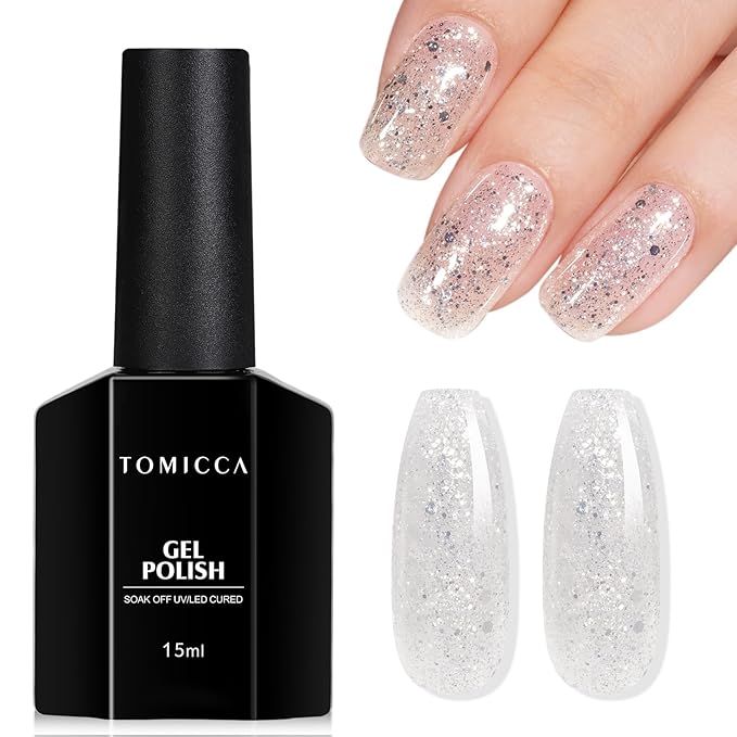 TOMICCA Glitter Gel Polish, 15ml Silver Sparkle Clear Gel Nails Polish, Soak Off UV LED Cure Needed Transparent Shimmer Nail Art Manicure French Salon Gifts For Woman
