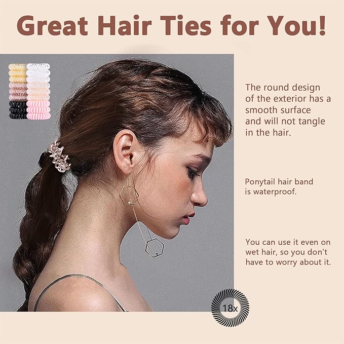 18 Pcs Women Ponytail Braid Hair Elastic No Crease Spiral Hair Ties, Girls Multi-color Waterproof Coil Hair Accessories (Small Hair Ties)