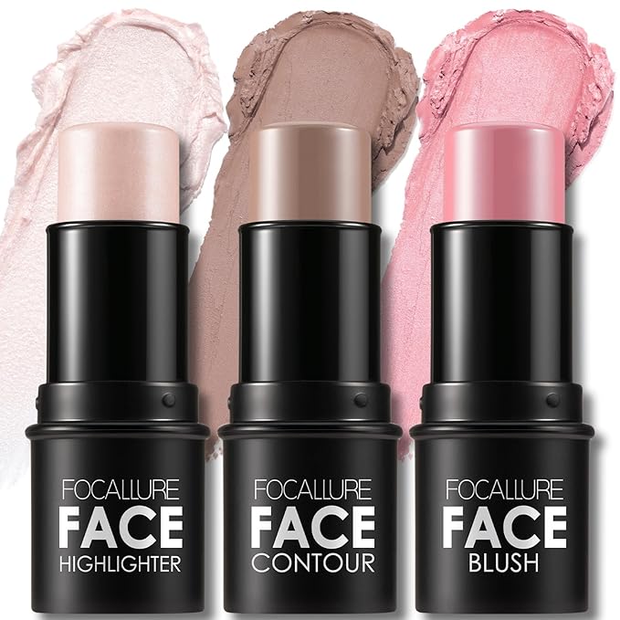 FOCALLURE 3 Pcs Cream Contour Sticks,Shades with Highlighter & Bronzer & Blush,Non-greasy Long-wear Face Contouring Pen,Easy to Sculpt the Face and Create a Lightweight Finishing Makeup,FAIR-LIGHT