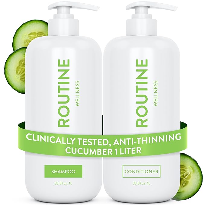 Routine Wellness 1 Liter Anti-Thinning Volumizing Shampoo and Conditioner Set for Thinning Hair & Hair Loss - Grow Your Confidence with Biotin & DHT Blockers - 1 Liter Cucumber Set