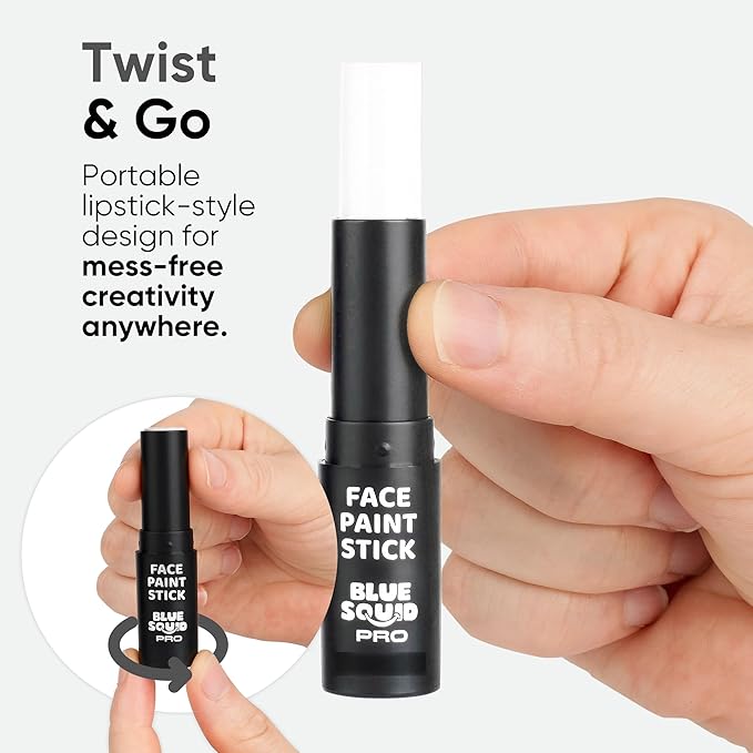 Blue Squid PRO White Face Paint Stick - Waterproof Body Paint for Adults & Kids Eye Black Baseball, Softball - Vegan Hypoallergenic Twist-Up Non-Toxic Makeup Stick for Cosplay, Sports & SFX (White)