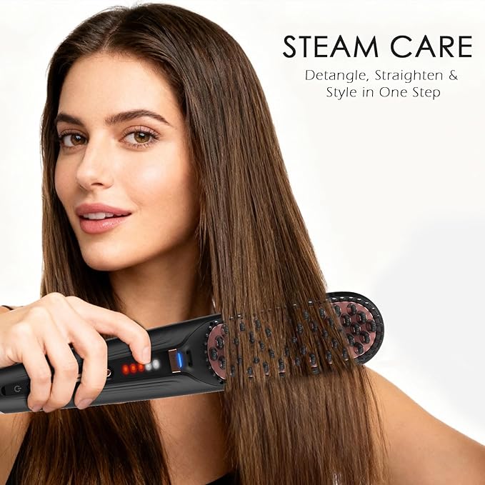 Tome Steam Hair Straightener Brush, 3-in-1 Ionic Straightening Comb with 2 Steam Levels, 3 Heat Settings (356°F–428°F), Dual Voltage 110-240V, Anti-Scald Design for Frizzy & Curly Hair Color Black