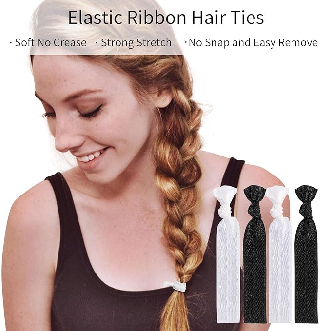 79STYLE 100 Pcs Elastic Hair Ties Ribbon Hair Ties Black White Ribbon Ponytail Holders, No Crease No Pull Soft Fabric Yoga Twist Hair Bands Hair Accessories Hand Knotted Fold Over Solid Colors (Black