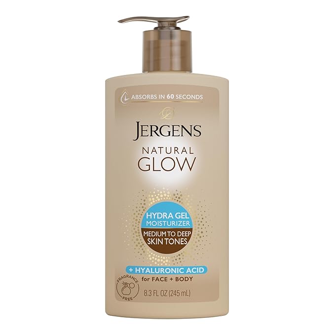 Jergens Natural Glow Hydra Gel Moisturizer, Hyaluronic Acid Tanning Lotion, Hydrating Tanning Gel, Fragrance-Free Self Tanner, Medium to Deep Skin Tones 8.3 Oz