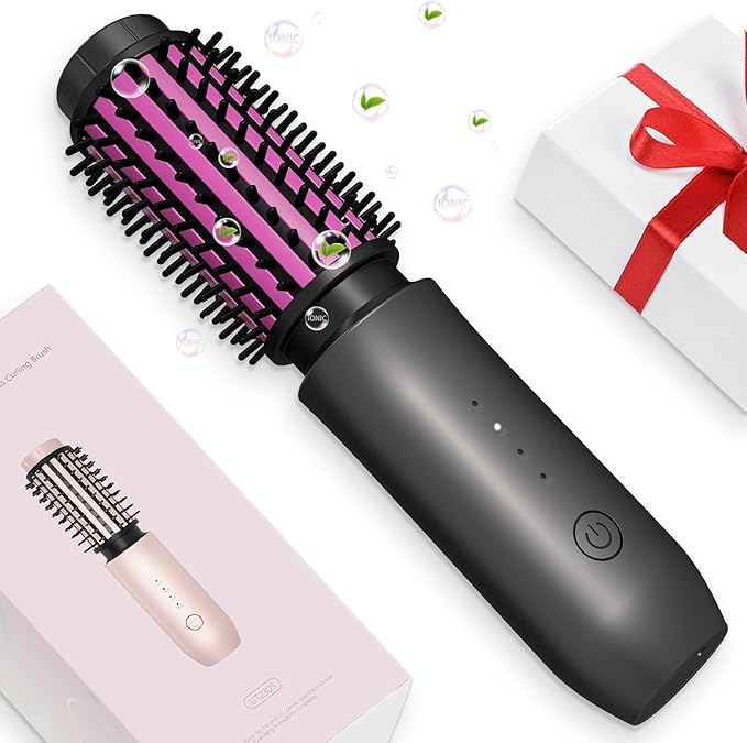 Mini Cordless Curling Iron Brush, Portable Hair Straightening Brush, Cordless Hair Curler Anti-Frizz with Negative Ions, 3-in-1 Crimper Hair Tool, Rechargeable Wave Curling Wand - Night Purple