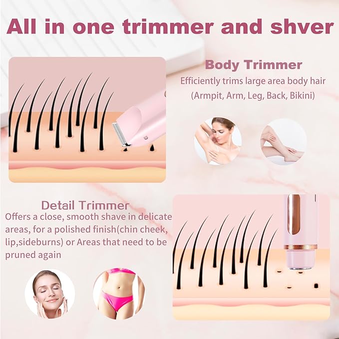 2 in 1 Bikini Trimmer for Women, Dual Head Electric Shaver with LED Display, IPX7 Waterproof Body Pubic Hair Trimmer Rechargeable Womens Electric Razor for Armpit Leg Body Facial Wet & Dry Use