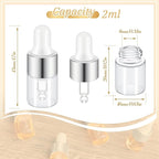 200 Pcs Mini Glass Oil Dropper Bottle Bulk, Clear Essential Small Empty Bottles Sample Containers Perfume Liquid Vials with Cap for Traveling (2 ml,Silver)