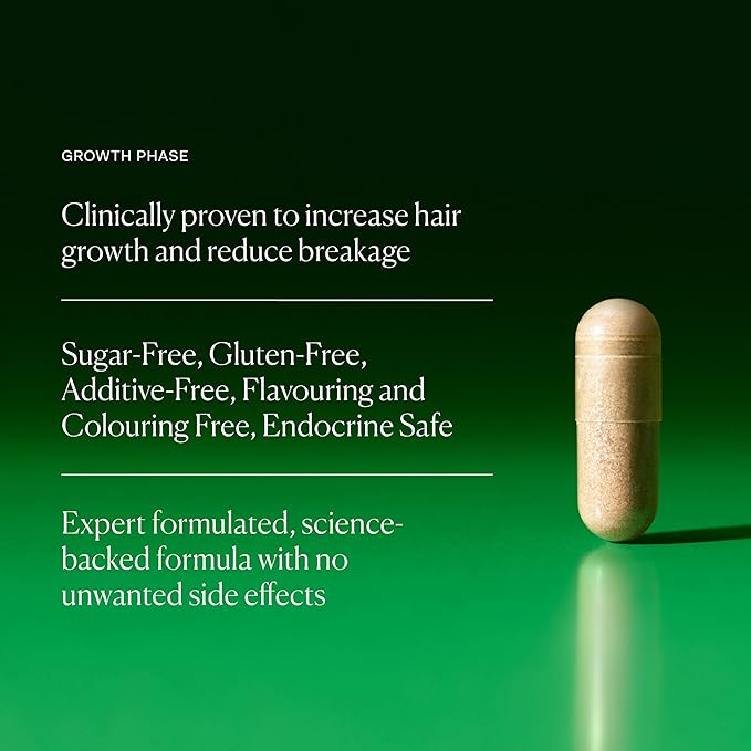 The Nue Co. Growth Phase Hair Supplement - Vegan Hair Capsules with Vitamins, Adaptogen, Reishi Mushroom & Protein for Thicker Fuller Looking Hair - Supports Strength & Reduces Breakage | 90 Capsules