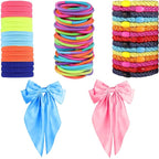 Hair Ties for women 5 styles Hair Elastics(15 No Damage Hair Ties 50 High Elastic Ties 15 Ponytail Holders 2 Big Bow Hair Clips 20Snap Hair Clips)Pain-free No Crease multiple colors for all hair types