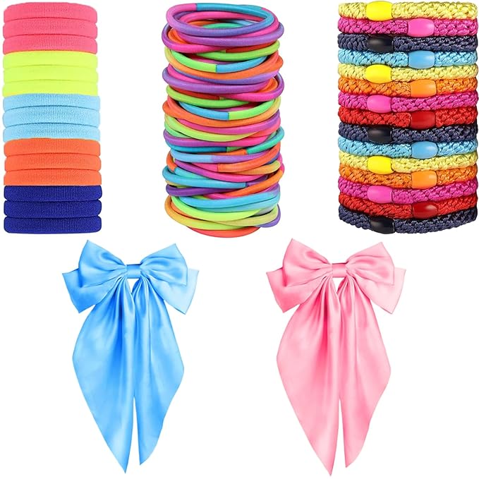 Hair Ties for women 5 styles Hair Elastics(15 No Damage Hair Ties 50 High Elastic Ties 15 Ponytail Holders 2 Big Bow Hair Clips 20Snap Hair Clips)Pain-free No Crease multiple colors for all hair types