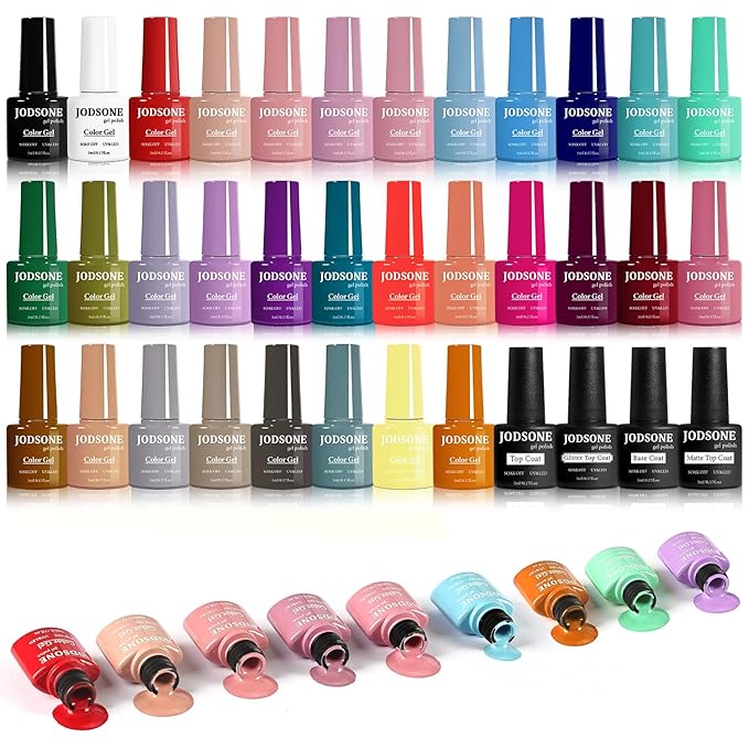 JODSONE 36 PCS Gel Nail Polish Set-32 Colors Gel Nail Polish Set Same Color Same Bottle No Wipe Base Top Matte Glitter Coat Professional Choice Salon Gifts