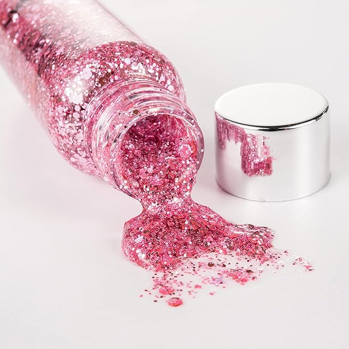 MEICOLY Pink Face Body Glitter,Sparkly Hair Glitter,Pink Accessories for Spirit Week,Singer Concerts Lover Heart Chunky Glitter Makeup,Mermaid Glitter Face Paint