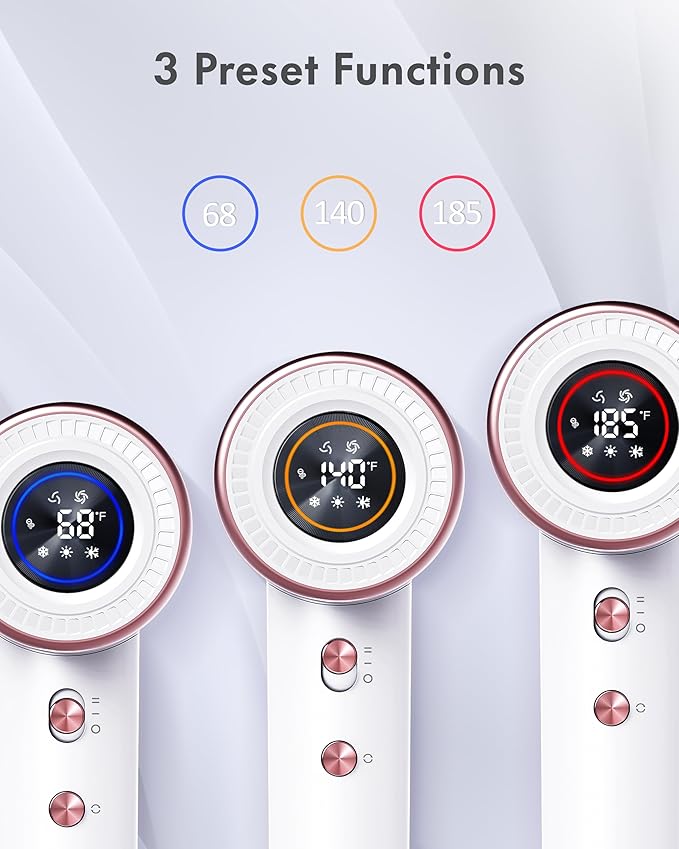 Rudd Hair Dryer with Diffuser, High Speed Hair Dryer with Display, 110000 RPM Brushless Motor for Fast Drying, 200 Million Negative Inoic Low Noise, White