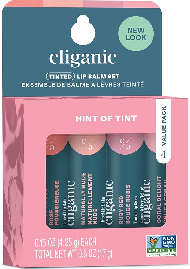 Cliganic Tinted Lip Balm Set - 4 Colors, Hydrating, Enriched with Vitamin E, Cruelty Free, Stocking Stuffer Gift