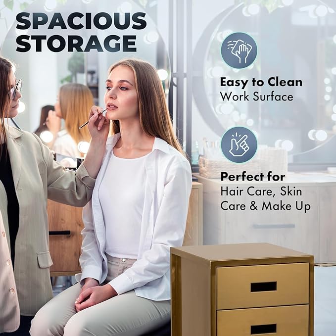 Buy-Rite Electra Metallic Styling Trolley in Gold – Durable Metal Salon Station with 3 Large Drawers, Side Appliance Holder, and Industrial Casters for Hot Tools & Hair Styling, CHM-2883-GLD