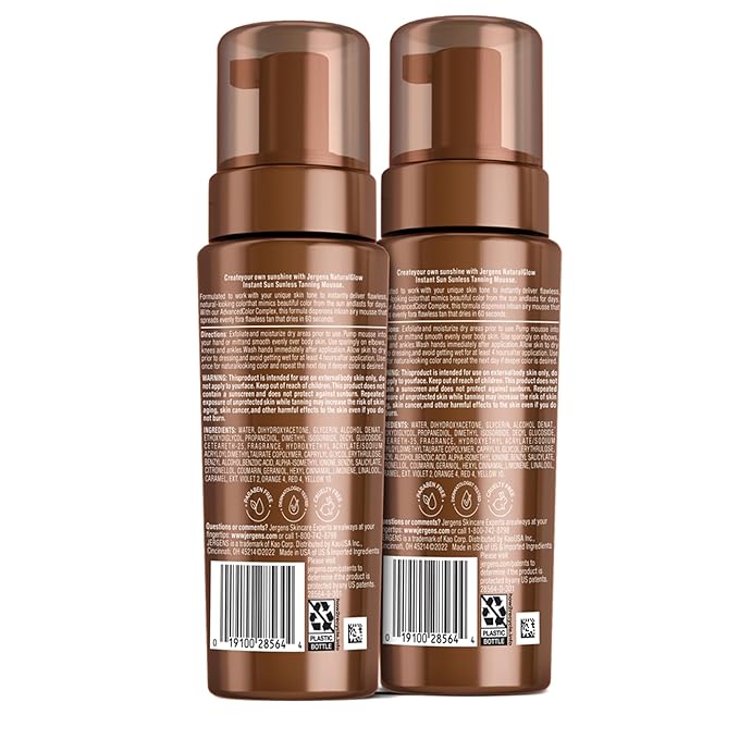 Jergens Natural Glow Instant Sun Body Mousse, Self Tanner for Ultra Deep Bronze Tan, Sunless Tanning Body Bronzer, Natural Looking Fake Tan, 6 Oz, Pack of 2