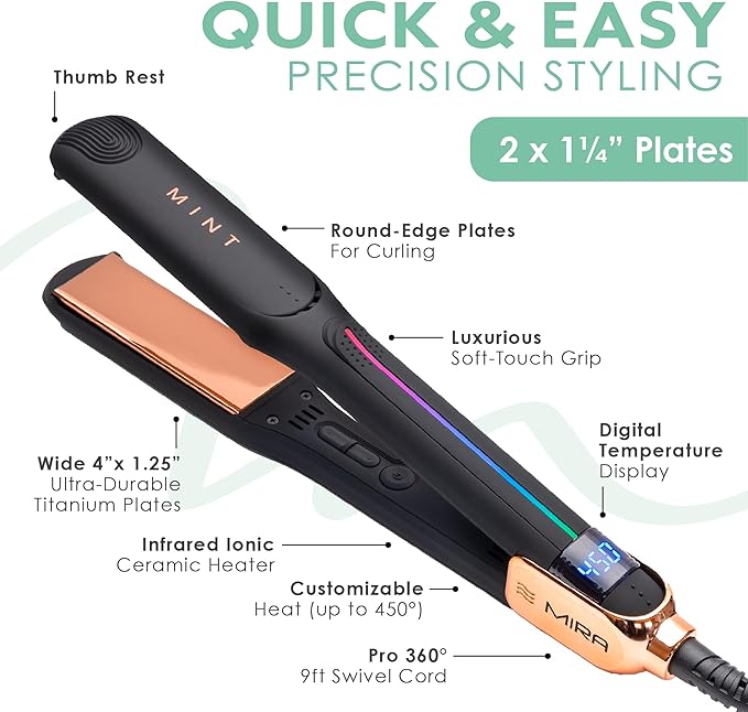 Professional Series MIRA Titanium Flat Iron Hair Straightener for Thick & Fine Hair | Powerful Single-Pass Straightening | Straightener & Curling Iron in One | 1 1/4 Inch Wide Flat Iron by MINT