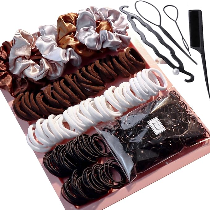YANRONG Hair Accessories Set - 755 Seamless Ponytail Holders, Variety of Scrunchies, Bands, and Hair Ties for Thick and Curly Hair (light brown)