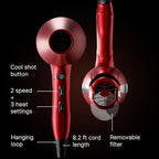TREZORO Professional Blow Dryer for Women – Ionic Hair Dryer 2000W for Salon & Personal Use – Powerful, Fast & Quiet Drying for Curly Hair, Unwanted Frizz – Design for Travel – 8.2ft Cord – Red