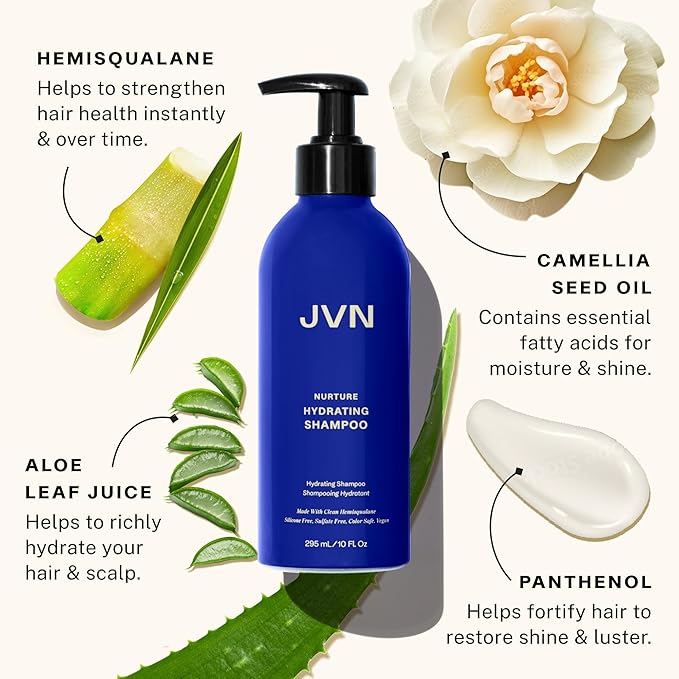 JVN Nurture Hydrating Shampoo, 10 Fl Oz, Detangles & Softens Hair, Moisture and Deeply Nourishing Shampoo, Color Safe Hair Care for Women and Men, Non-Toxic, Silicone and Sulfate Free