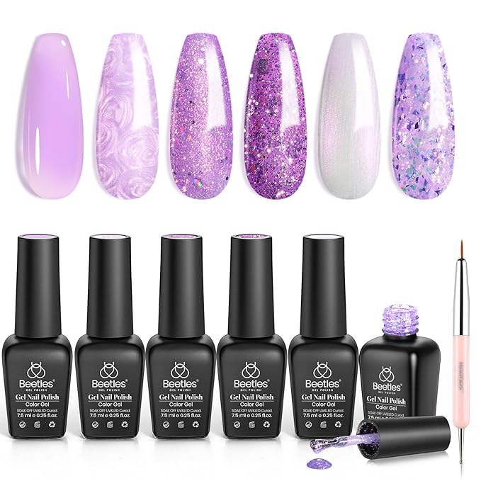 Beetles Purple Gel Polish Set - 6 Color Purple Shimmer Pearl Jelly Gel Polish with Nail Brush Soak Off LED Lamp Swirl Shell Thread Effect DIY Manicure Gifts for Mom