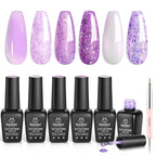 Beetles Purple Gel Polish Set - 6 Color Purple Shimmer Pearl Jelly Gel Polish with Nail Brush Soak Off LED Lamp Swirl Shell Thread Effect DIY Manicure Gifts for Mom