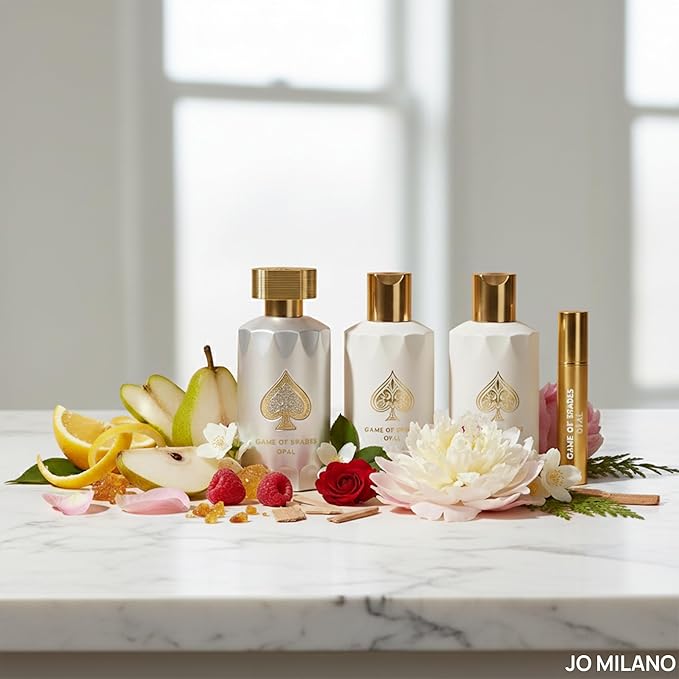 Jo Milano Game Of Spades Opal 4-Piece Gift Set | 3.4 oz Parfum Spray, 6.8 oz Body Cleanser, 6.8 oz Body Cream, 0.27 oz Refillable Atomizer | Long Lasting Fragrance for Men and Women (Unisex)