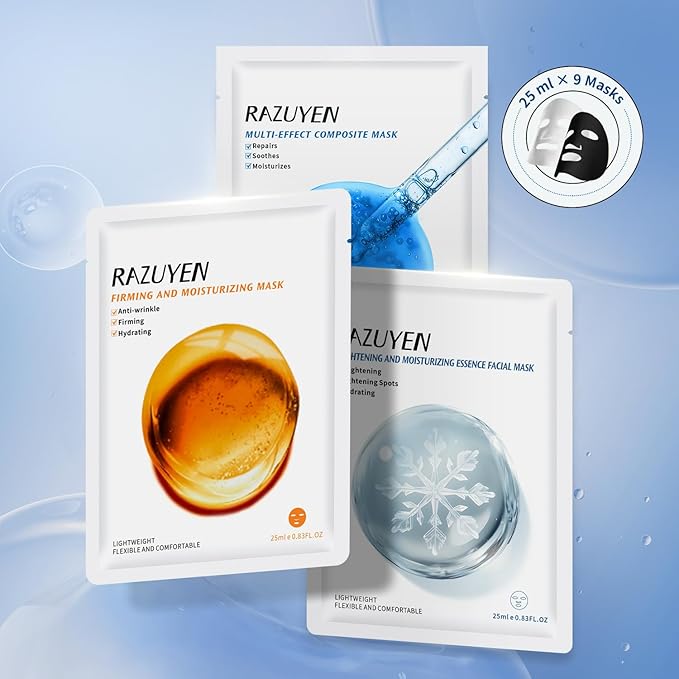 Face Sheet Masks, Christmas Stocking Stuffers, 9 Variety Packs, Peptide, Vitamin C & Panthenol B5, Antiaging, Brightening, Soothing Facial Skincare Gift Set for All Skin, Moisturizing Mask Set