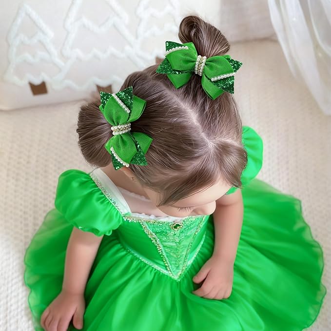 4" Sparkly Glitter Sequin Ribbon Hair Bow Clips,Pearl Wedding Boutique Alligator Barrettes Pins for Teens Toddler,Cheerleader Girls Kids Birthday Party Dress Decor Accessory (Green)
