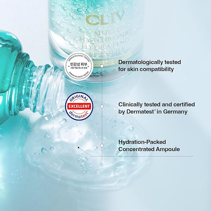 CLIV Multi Hyaluronic Hydrating Ampoule | 85% Hyaluronic Acid, 8-Layer Hydration, Ceramides & Panthenol for Deep Moisture Care | Korean Skincare Nourishing Serum | 1.01 Fl Oz (Pack of 1)