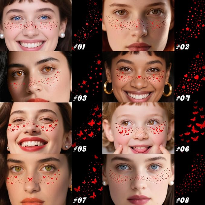 10 Styles Red Glitter Freckles Face Tattoo, Waterproof Sparkle Cute Star Butterfly Face&Body Glitter Speckles Patches for Women, Metallic Temporary Tattoo Accessories Makeup for Rave