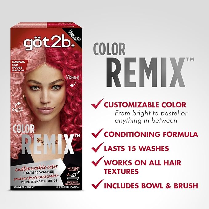 Got2b Color Remix, Customizable Semi-Permanent Hair Color, 092 Radical Red