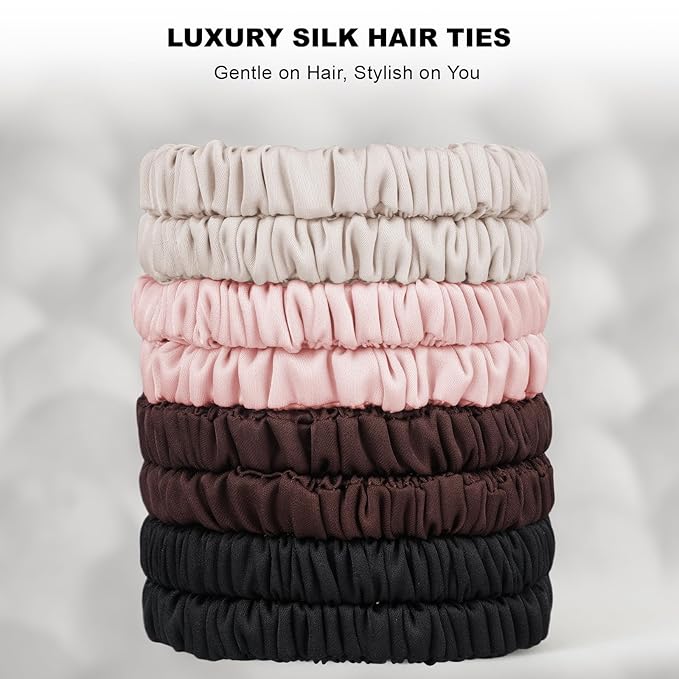 8Pcs Silk Scrunchies Hair Ties for Women & Girls, Mulberry Silk Scrunchies No-Damage Thin Satin Ponytail Holders for Hair Care(Clolor 09)