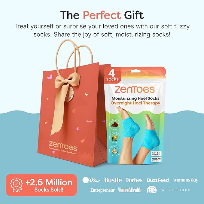 ZenToes Moisturizing Socks for Cracked Heel Treatment, Vitamin E, Olive Oil and Jojoba Oil Heel Socks, Stocking Stuffers for Women, Spa Self Care Gifts for Women (Fuzzy Blue, Wide Width)