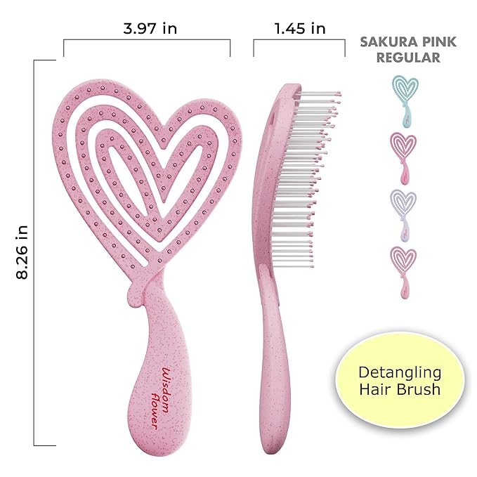 Detangler Brush – Heart-Shaped Detangling Brush for Curly, Wavy, Thick Hair – Sakura pink Hairbrush for Women with Bowl-Curve, Flexible Bristles, Blow Dryer Safe, Regular