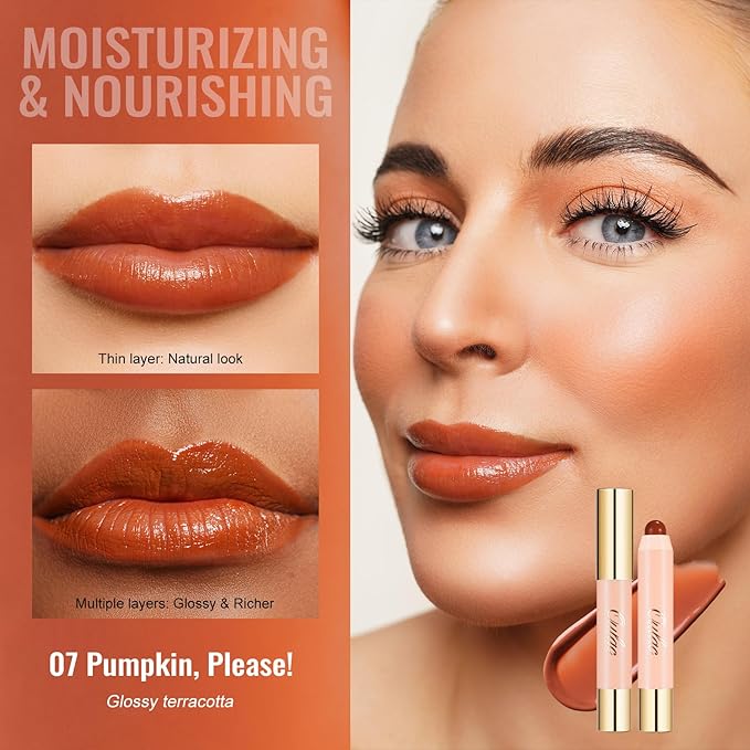 Oulac Orange Lipstick - Moisturizing Lipstick Tinted Lip Balm for Dry Lips, Rust Red Lip Crayon & Blush - Lip Colour and Cheeks Makeup | 2.48g, Pumpkin Please! (07)