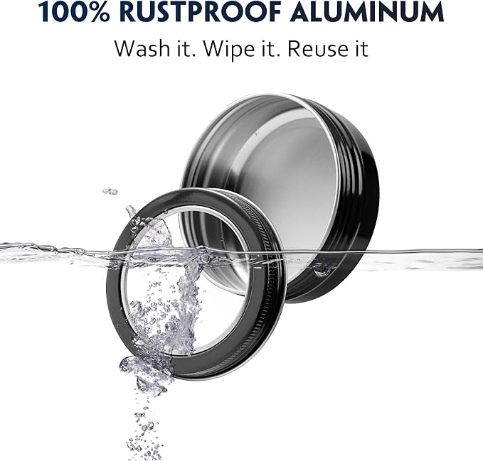 24 Pack 2 Ounce Screw Top Aluminum Tin Jar with Screw Clear Lid and Blank Labels, Refillable 60ml Metal Containers for Lip Balms, Candles, Salves, Spices, Crafts (Black)