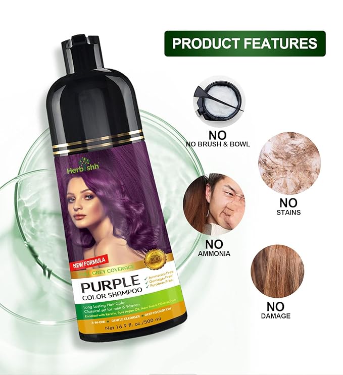 Herbishh Magic Hair Dye Shampoo – Colors Gray Hair in Minutes – Long Lasting – 500 Ml – 3-In-1 Ammonia-Free Color Treatment (Purple)
