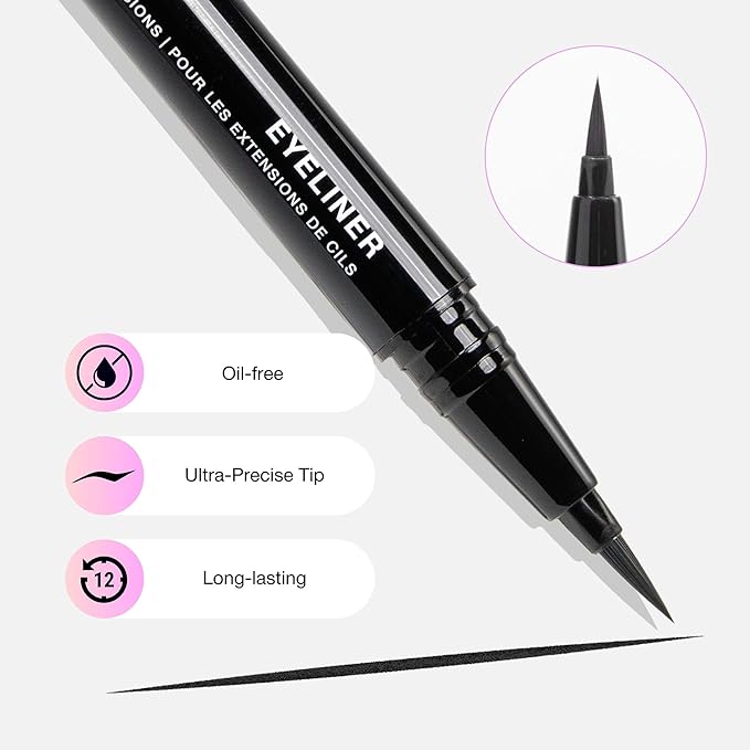 CURACORO Oil-Free Liquid Eyeliner for Eyelash Extensions, Ultra-Fine Felt Tip, Waterproof & Long-Lasting, Smudge-Proof Black Eyeliner