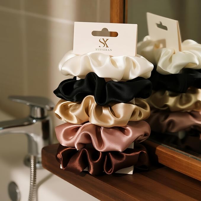 Silk Scrunchies for Women, 100% Mulberry Silk Hair Ties No Damage, Gentle No-Pull Elastic Ponytail Holders, 1Pc (Black)