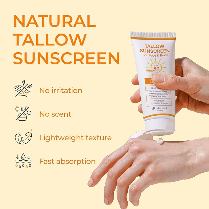 Beef Tallow Sunscreen SPF 50 with Mineral : Instant Sun Protection Non Nano Zinc Oxide Sunblock- Non Greasy Formula- Beach Jogging Outdoor Sports - 3 Fl oz, 85g