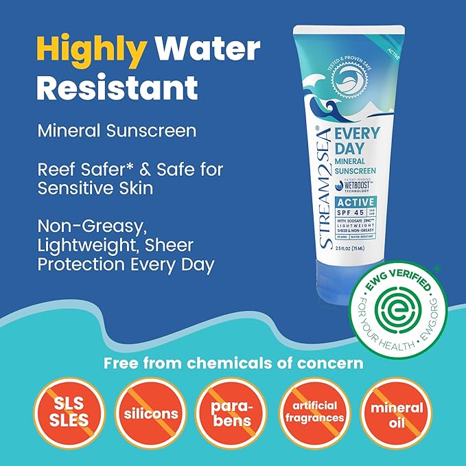 SPF 45 Every Day Active Mineral Sunscreen | 2.5 Fl Oz Biodegradable & Reef Safe Sunscreen for Face & Body | Non-Greasy, Lightweight & Sheer Mineral Protection Against UVA & UVB by Stream2Sea